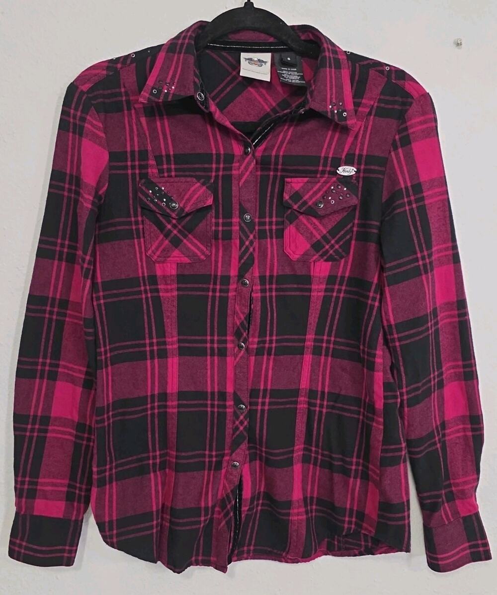 HARLEY DAVIDSON Womens Embellished Flannel Shirt Long Sleeve Pink Black Plaid Sm
